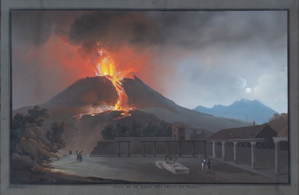 Camillo De Vito (Napoli, 1794 - 1845) - L'eruzione del Vesuvio del 1831 dal quadriportico del Teatro di Pompei