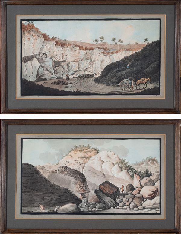 attribuito a Pietro Fabris (Napoli, 1740 &#8211; 1792) - a) Scavi di uno spesso strato di lava che si riversò in mare durante l'eruzione del Vesuvio nel 1631; b)Vista della sorgente calda, Pisciarelli, da una parte del cono del Solfaterra