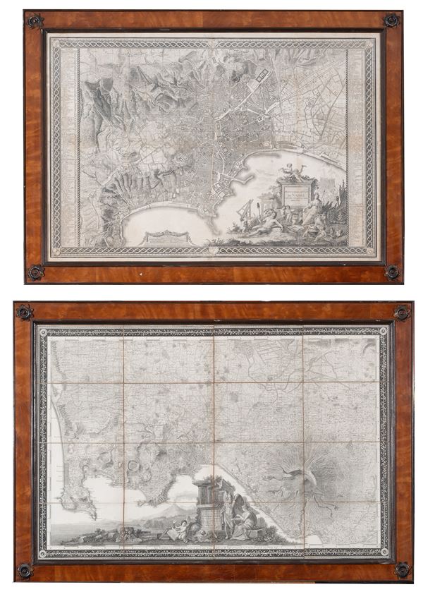 Scuola napoletana, XIX secolo : a) Mappa della città di Napoli b) Napoli con le sue adiacenze  - due incisioni su carta - Asta Oggetti d'arte, Gouaches dalla Collezione di Carlo Knight, importanti dipinti antichi e dipinti del XIX secolo - Blindarte Casa d'Aste