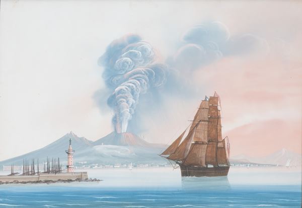 Scuola napoletana, XIX secolo - a) Eruption January, 1832 b) View of Naples from the sea