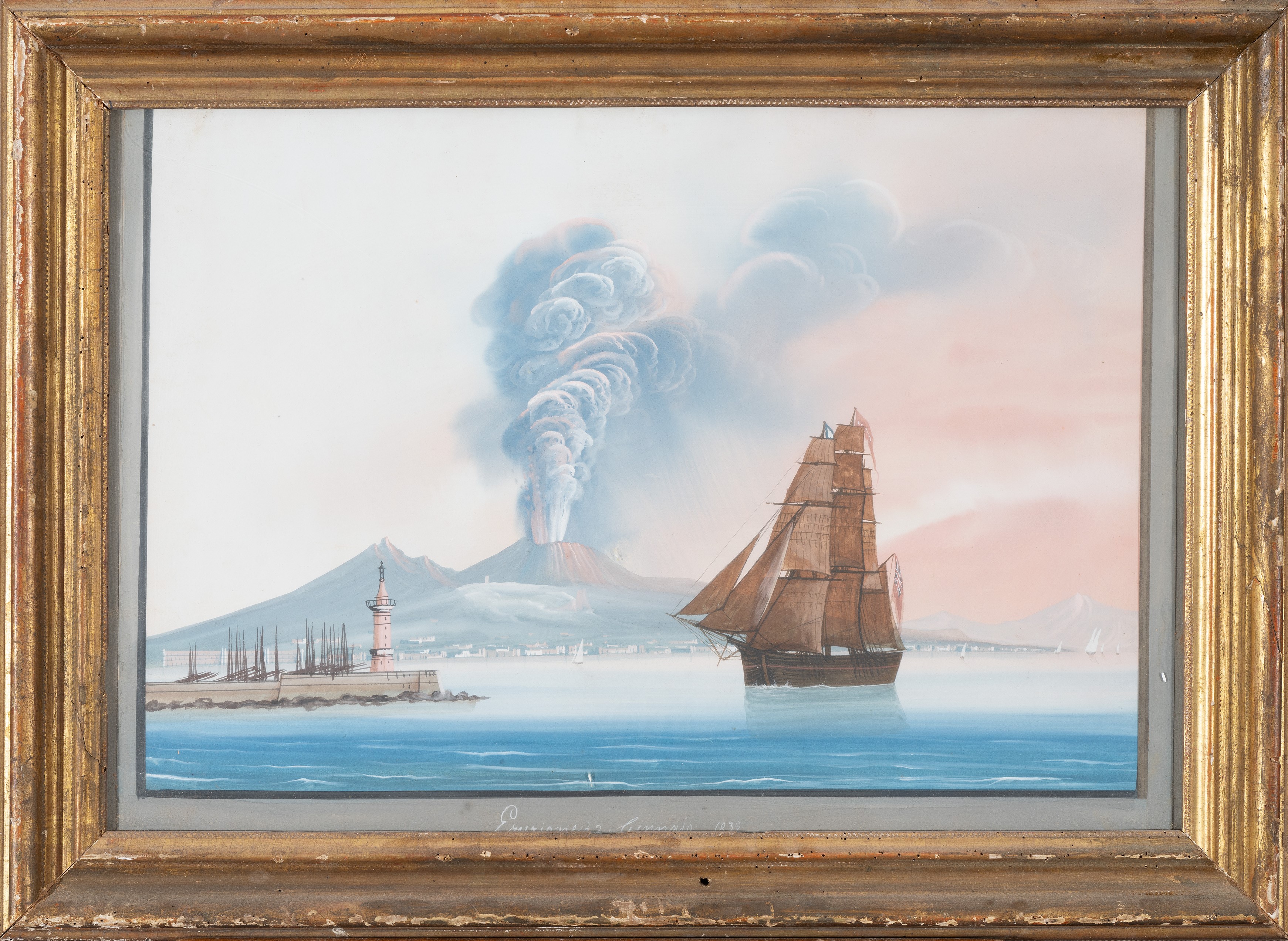 a) Eruzione Gennaio, 1832 b) Veduta di Napoli dal mare