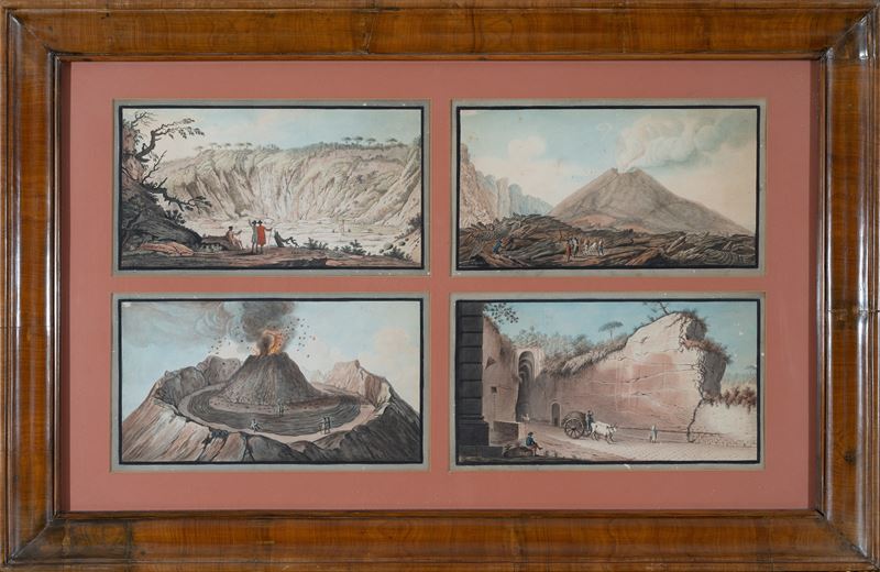 a) Ultima eruzione dei Campi Flegrei; b) La valle Atrio di Cavallo; c) Cratere del Vesuvio; d)Ent...