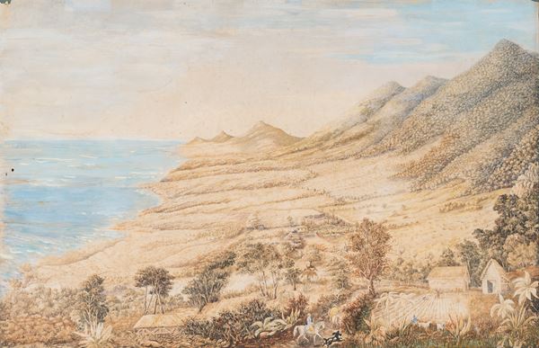 Scuola napoletana, met&#224; XIX secolo - Coastal landscape with hunters