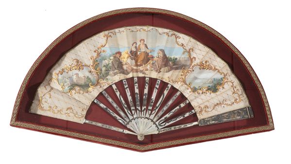 Napoli, XVIII secolo : Fan with allegorical scene and Vesuvius in the background within reserve  - mixed media on parchment, mother-of-pearl slats with old-fashioned decoration - Auction Objects of art, Gouaches from the Carlo Knight Collection, important old master paintings and 19th century paintings - Blindarte Casa d'Aste