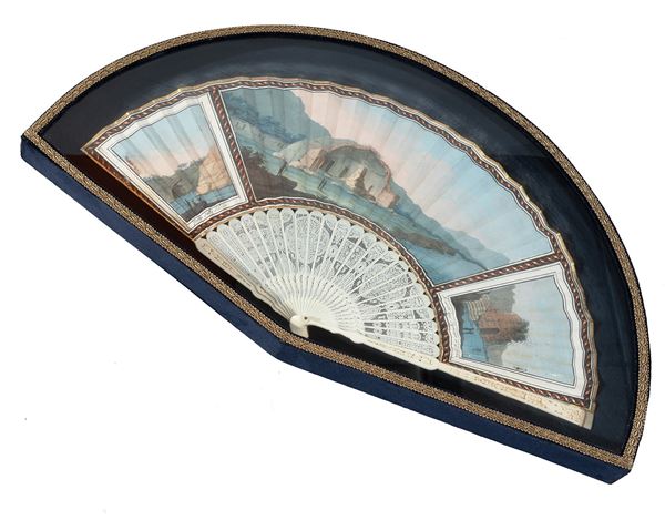 Napoli, XVIII secolo : Fan decorated with views of Lake Averno within reserves  - watercolor on parchment - Auction Objects of art, Gouaches from the Carlo Knight Collection, important old master paintings and 19th century paintings - Blindarte Casa d'Aste