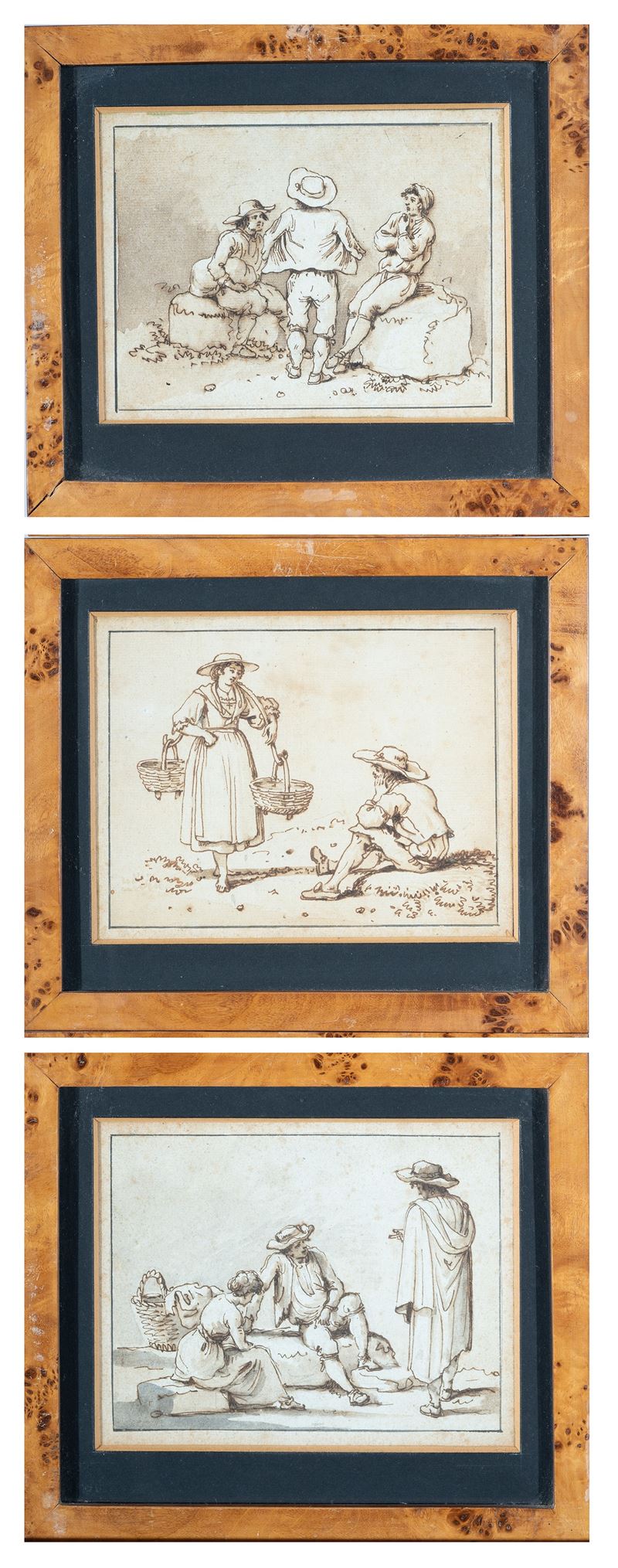Lotto unico di n. 3 disegni di figure napoletane in costume