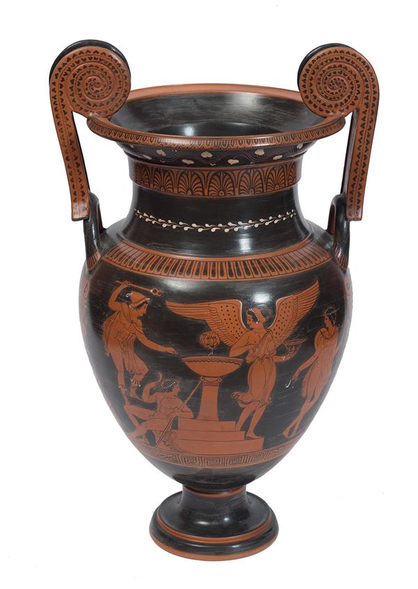 Manifattura napoletana, XX secolo : Apulian volute krater  - earthenware - Auction Objects of art, Gouaches from the Carlo Knight Collection, important old master paintings and 19th century paintings - Blindarte Casa d'Aste