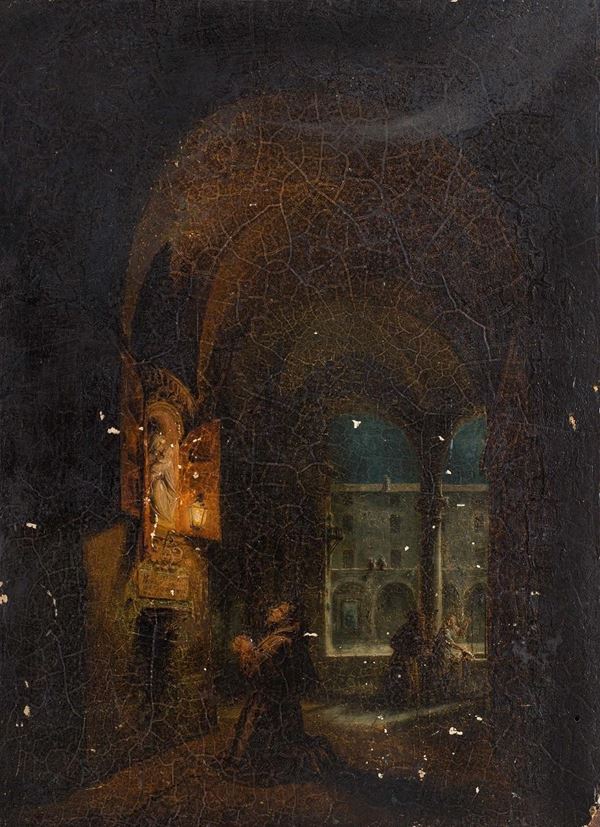 attribuito a Giovanni Migliara : Frate in preghiera  - olio su tavola - Asta Dipinti, Disegni, Gouaches e Sculture del XIX, XX secolo - Blindarte Casa d'Aste