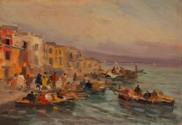 Francesco Di Marino : Marina con barche  - olio su tavola - Auction Paintings, Drawings, Gouaches and Sculptures from the 19th and 20th centuries - Blindarte Casa d'Aste