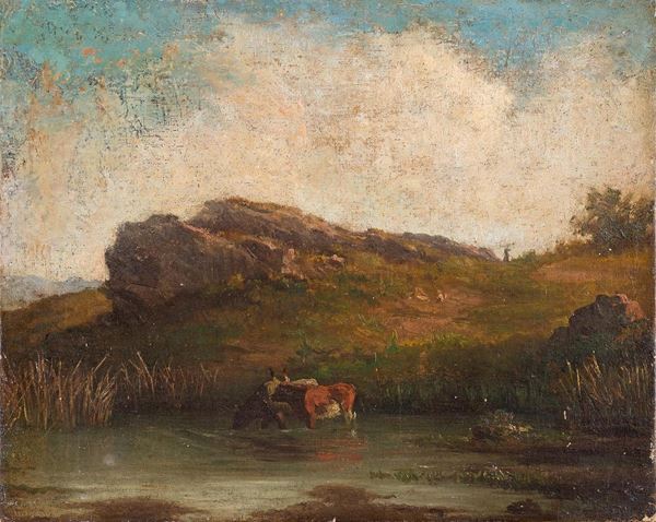 Scuola napoletana, XIX secolo : Paesaggio agreste  - Olio su tela -  BUY NOW -  Paintings, furniture and art objects - Blindarte Casa d'Aste