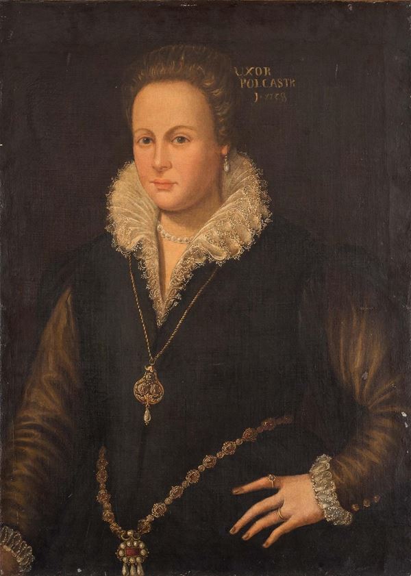 Scuola italiana, XVII secolo - Half-length portrait of a lady with a ruff collar