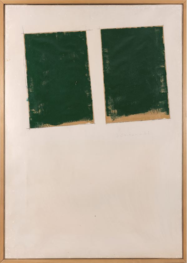 Mario Schifano : Senza titolo  (1962)  - Smalto e collage su carta intelata in teca di plexiglass - Asta Arte Moderna e Contemporanea - Blindarte Casa d'Aste
