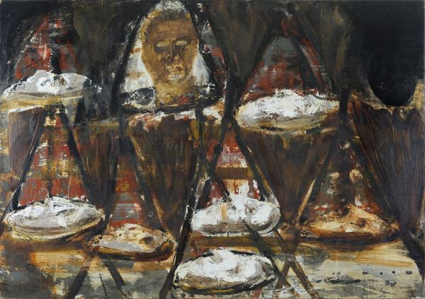 Bruno Ceccobelli : Senza titolo (Io peso)  (Fine anni '80)  - Olio su tavola - Asta Arte Moderna e Contemporanea - Blindarte Casa d'Aste