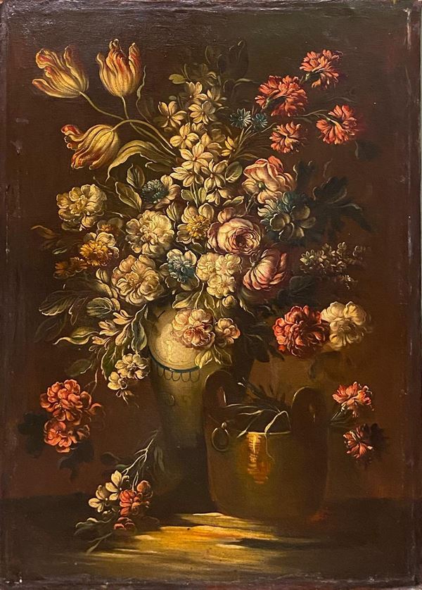 alla maniera di Gaspare  Lopez : Vaso con fiori  - Olio su tela - Auction Paintings, Drawings, Gouaches and Sculptures from the 19th and 20th centuries - Blindarte Casa d'Aste