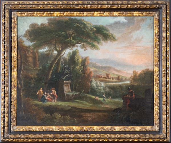 Scuola napoletana, XVIII secolo - Scena mitologica entro un paesaggio