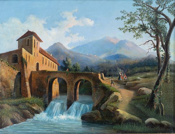 Salvatore  Fergola : L'Isola dei Liri  - olio su tela - Asta Oggetti d'arte, Gouaches dalla Collezione di Carlo Knight, importanti dipinti antichi e dipinti del XIX secolo - Blindarte Casa d'Aste