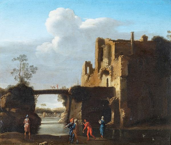 Teodoro Filippo di Liagno detto Filippo Napoletano (Roma 1587-1629) - Wayfarers near a village on the banks of a river