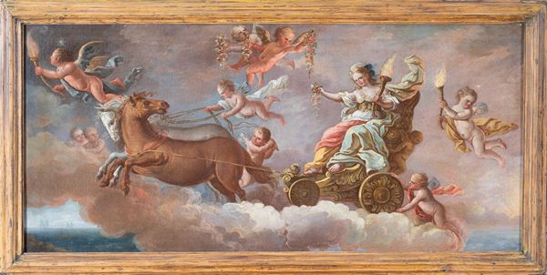 Scuola napoletana, XVIII secolo : Aurora che traina il carro dell'alba  - olio su tela - Asta Oggetti d'arte, Gouaches dalla Collezione di Carlo Knight, importanti dipinti antichi e dipinti del XIX secolo - Blindarte Casa d'Aste