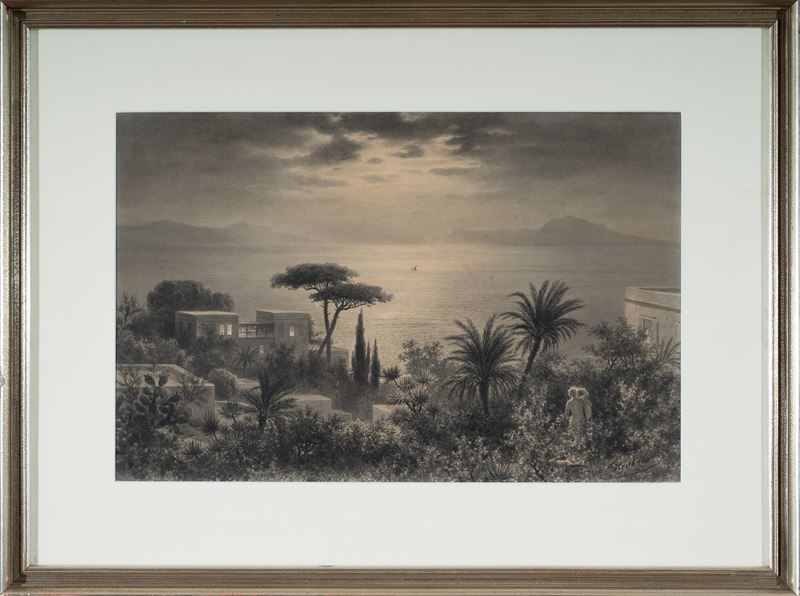 Veduta del golfo di Napoli al chiaro di luna con Capri e Punta Campanella