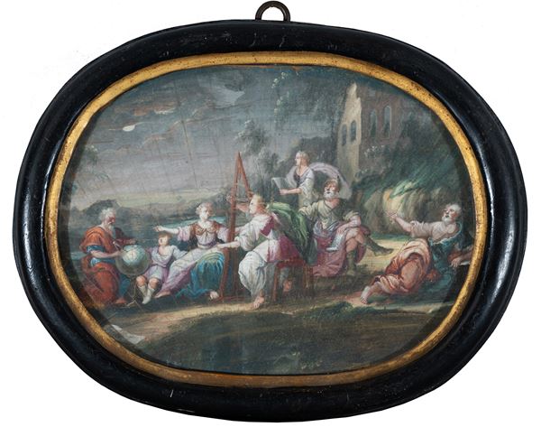 Scuola napoletana, XVIII secolo : Allegoria delle scienze con simboli massonici  - olio su carta applicata su tela in ovale - Asta Oggetti d'arte, Gouaches dalla Collezione di Carlo Knight, importanti dipinti antichi e dipinti del XIX secolo - Blindarte Casa d'Aste