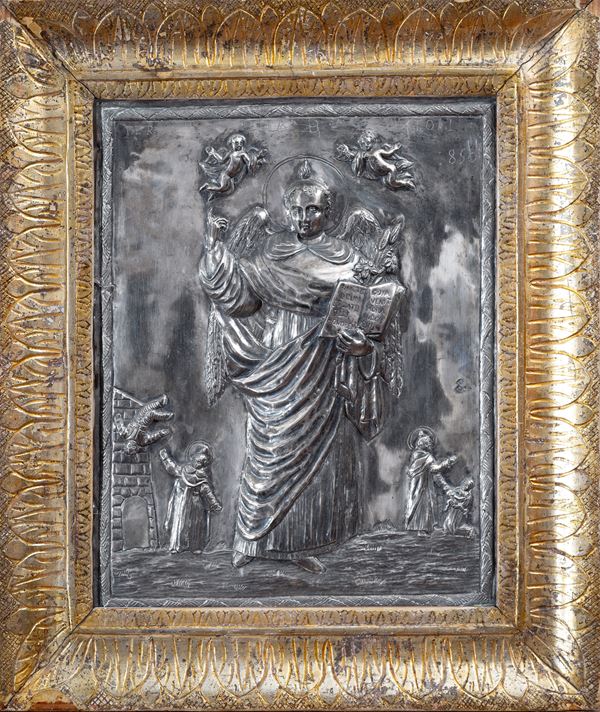 Sicilia, prima met&#224; del XIX secolo : San Vincenzo Ferrero between the two miracles of the bricklayer saved from the scaffolding and the child saved by his mother  - silver bas-relief - Auction Napoli, j'adore! - Blindarte Casa d'Aste