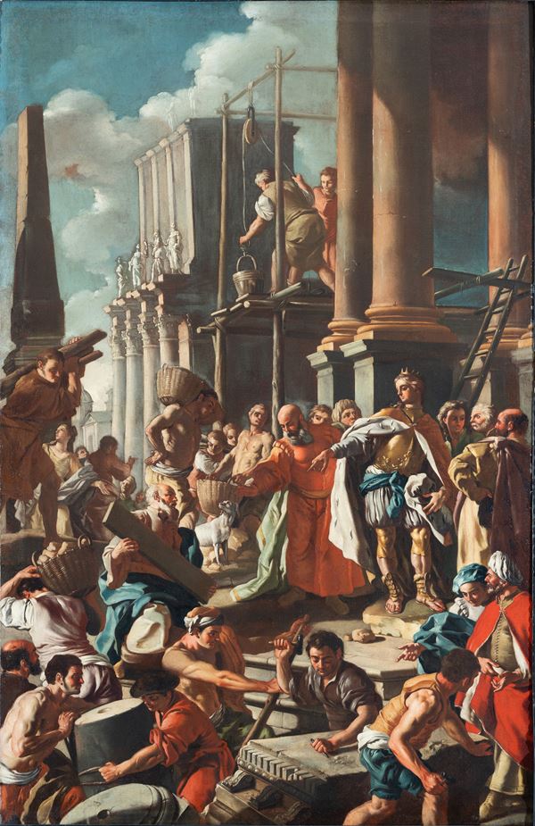 King Solomon directs the construction of the Temple in Jerusalem