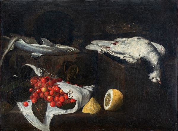 Giovan Battista  Ruoppolo (Napoli, 1629 &#8211; 1693) - Cherries, lemons and fish on a plane