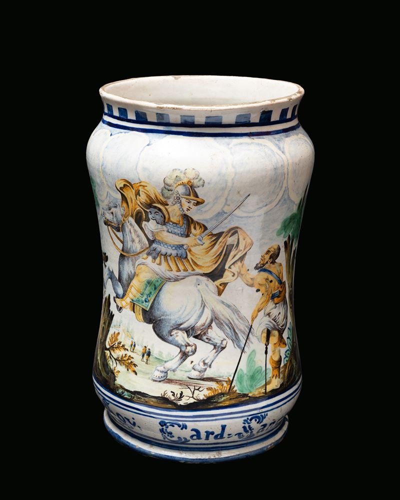 Grande vaso da farmacia decorato con scena di San Martino e il povero