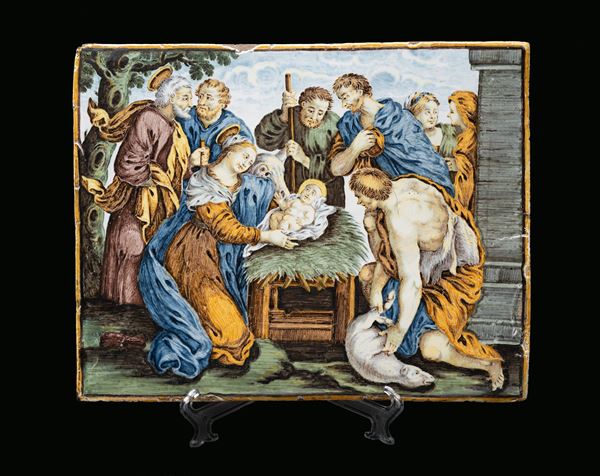 Bernardino Gentili il Giovane (Castelli, 1727 &#8211; Castelli, 1813) : Mattonella raffigurante Adorazione dei Pastori   - Maiolica dipinta in policromia - Asta Oggetti d'arte, Gouaches dalla Collezione di Carlo Knight, importanti dipinti antichi e dipinti del XIX secolo - Blindarte Casa d'Aste