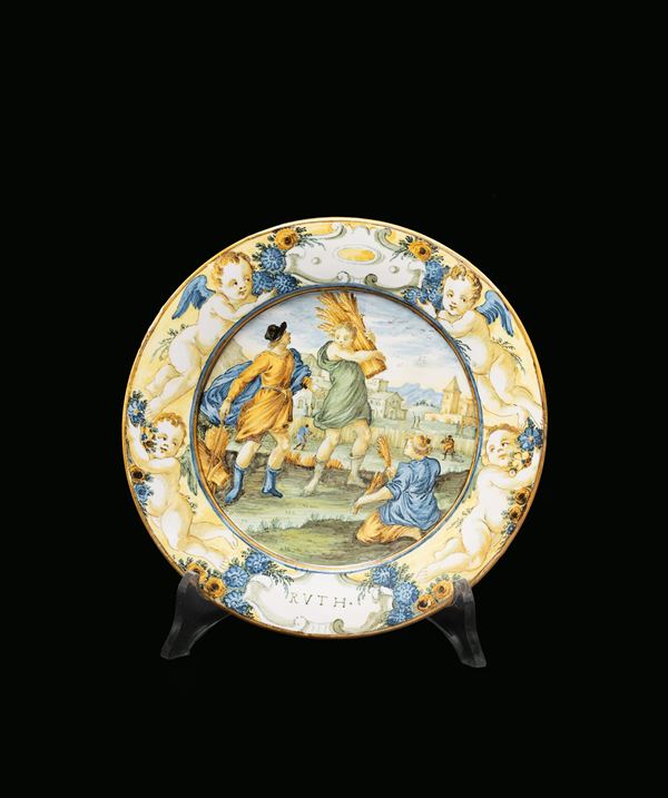 Bottega dei Gentili, Castelli XVIII secolo : Piattino con scena campestre  - maiolica dipinta in policromia - Asta Oggetti d'arte, Gouaches dalla Collezione di Carlo Knight, importanti dipinti antichi e dipinti del XIX secolo - Blindarte Casa d'Aste