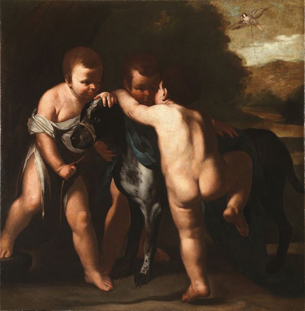 Massimo Stanzione (Napoli, 1585 - 1656) - Three putti, a dog and a goldfinch