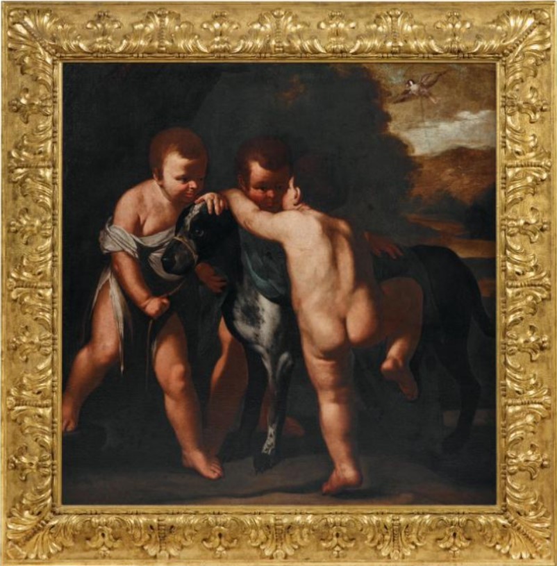 Massimo Stanzione (napoli, 1585 - 1656) - Tre Puttini, un Cane e un Cardellino