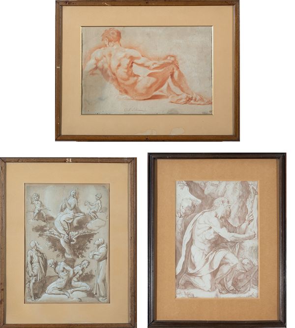 Lot of  3 preparatory studies  - ) Nudo maschile disteso, b) a)Vergine in gloria sull’albero del peccato c) San Girolamo in meditazio - Auction Objects of art, Gouaches from the Carlo Knight Collection, important old master paintings and 19th century paintings - Blindarte Casa d'Aste