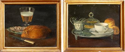 A) un Bicchiere, un Piatto e una Pagnotta su un Tavolo B) Vassoio con Tazza Zuccheriera, Lattiera...