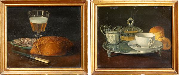 Ignoto pittore straniero attivo in Italia, fine XVIII inizi XIX secolo - a) A glass, a plate and a loaf of bread on a table b) Tray with a sugar bowl, milk jug and brioche on a table