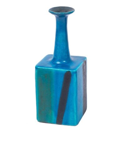 Vaso in Ceramica Smaltata Decorato a Motivi Astratti con Smalti Blu e Verdi
