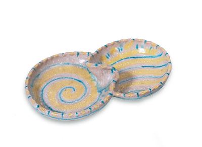 Doppia Ciotola in Terracotta con Decoro di Smalti al Sale Policromi