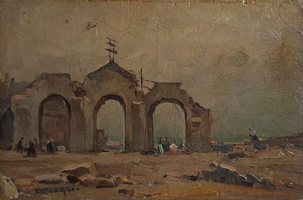Nicolas De Corsi (Odessa, 1882 - Torre del Greco, 1956) - Veduta marina con edificio sullo sfondo