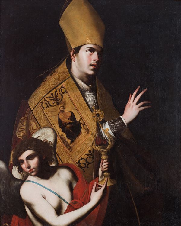 Giovan Francesco de Rosa, detto Pacecco : San Gennaro con angelo reggiampolle  - oil on canvas - Auction Napoli, j'adore! - Blindarte Casa d'Aste