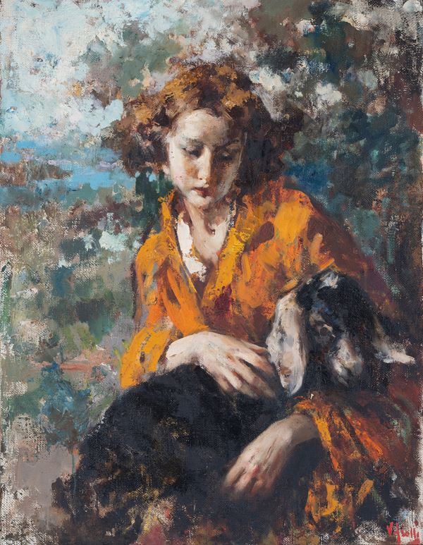 Vincenzo Irolli (Napoli, 1860 - 1949) - Fanciulla con una capretta in braccio