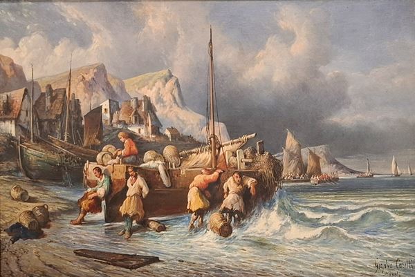 Consalvo Carelli (Napoli, 1818  - 1900) - Lasciando la riva