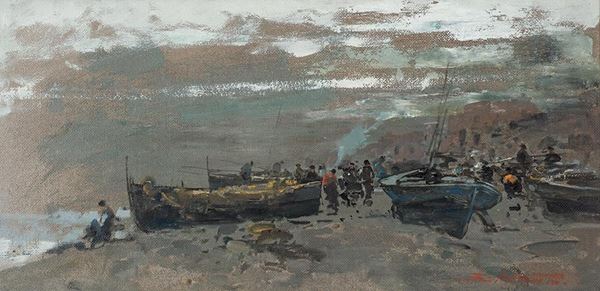 Ezelino Briante (Napoli, 1901 &#8211; Roma, 1971) - Barche con pescatori a riva