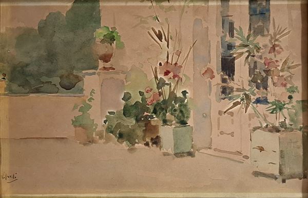 Vincenzo Irolli (Napoli, 1860 - 1949) - Patio con fiori