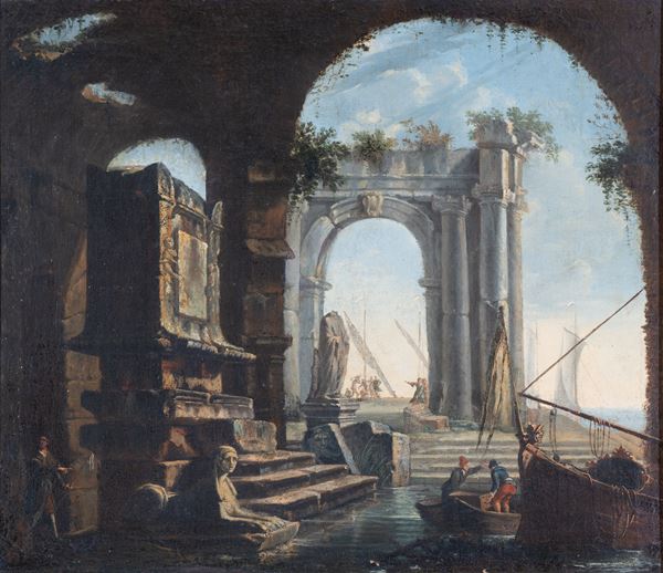 Scuola italiana, XVIII secolo - Veduta nei pressi di un mausoleo antico