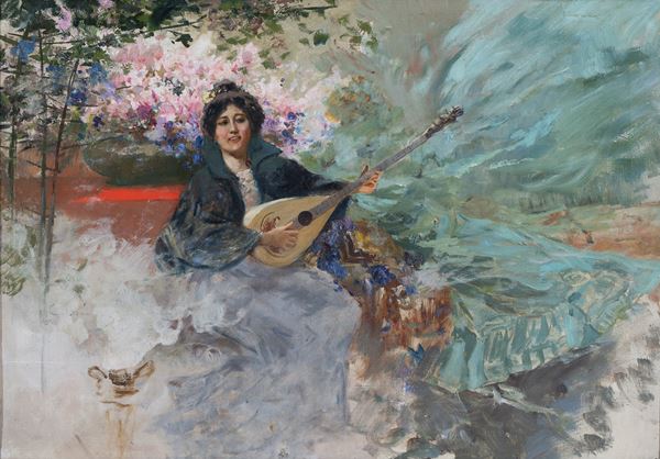 Carlo Brancaccio (Napoli, 1861 - 1920) - Donna distesa con mandolino