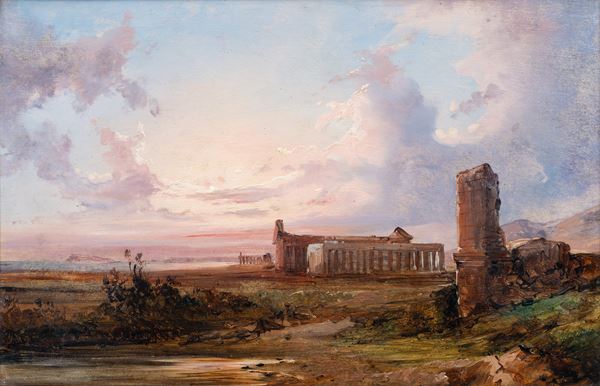 Scuola napoletana XIX secolo - Veduta di Paestum