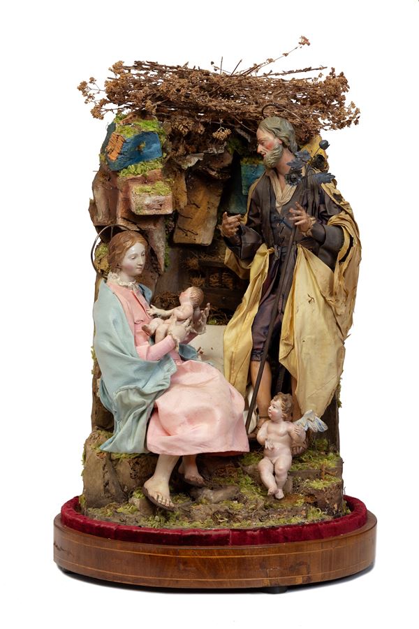 Napoli, XIX secolo - Nativity scene with glass bell and scenography