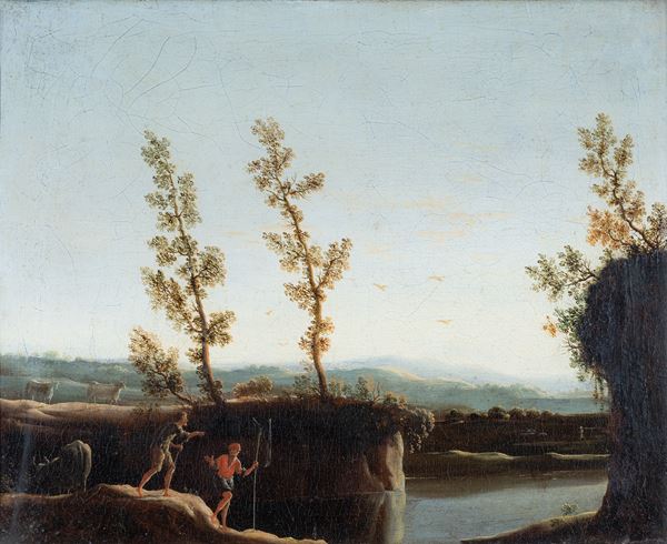 Scuola napoletana, XVII secolo - Paesaggio con viandanti nei pressi di un fiume