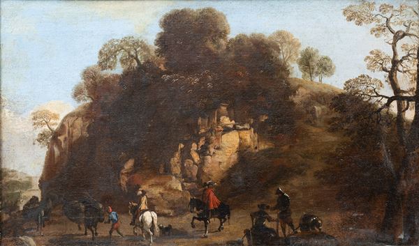 Pittore veneto attivo tra la fine del XVII inizi XVIII secolo - Cavalieri in un bosco presso un'altura