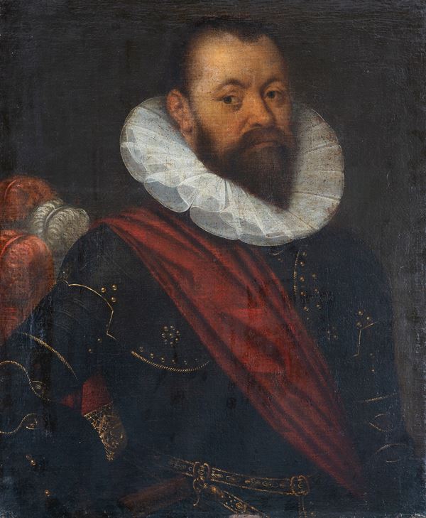 Scuola fiamminga, XVII secolo - Ritratto di uomo in armatura (il comandante Jochem Hendrickszoon Swartenhont?)